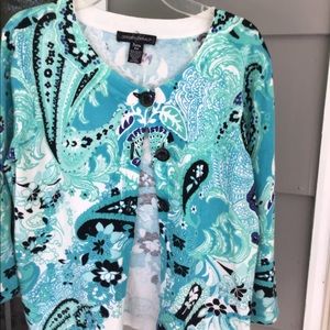 Designers originals Petite Med women  sweater cardigan Turquoise, black top NWOT